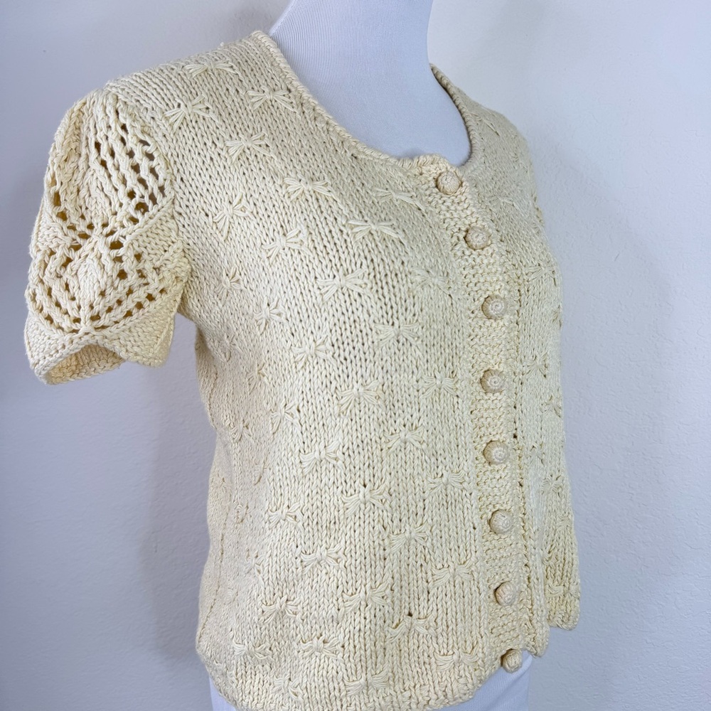 French Countryside Charm Butter Yellow Knit Cardigan Sweater Bows Vintage - Picture 8 of 13